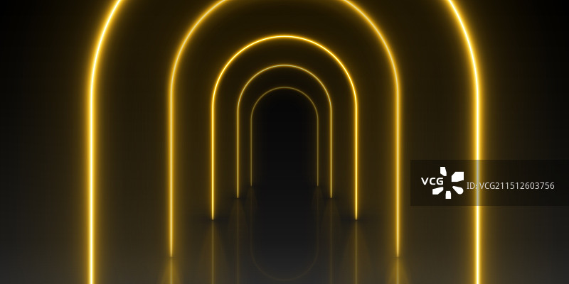带霓虹黄拱门的黑色舞台或走廊图片素材