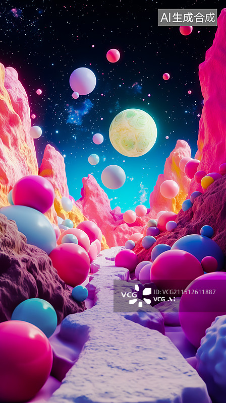 【AI数字艺术】梦幻般的奇幻山谷漂浮彩色圆球图片素材