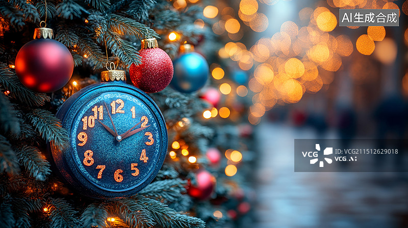 【AI数字艺术】圣诞树上的时钟装饰品图片素材