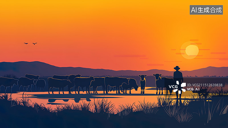 【AI数字艺术】暮色下晚归的牧牛人图片素材