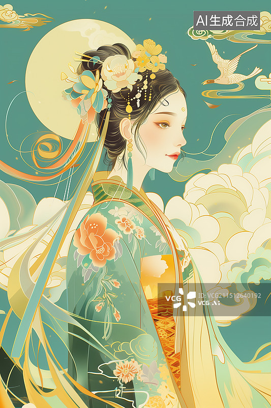 【AI数字艺术】国潮风中秋节嫦娥插画 国风嫦娥奔月中秋节插画 嫦娥奔月，神话故事的虚拟场景图片素材