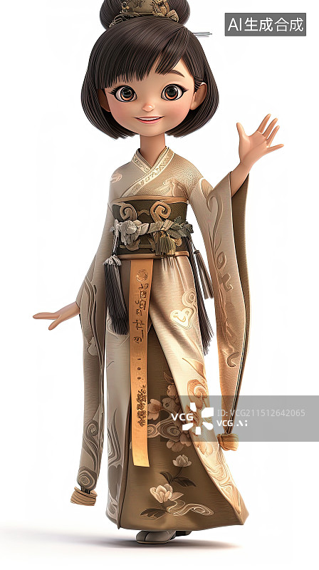【AI数字艺术】穿中国古代服饰的年轻中国女孩3D卡通插画图片素材