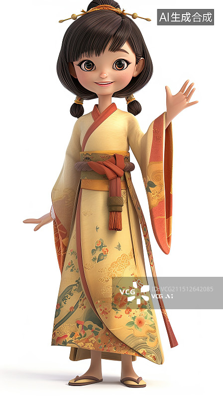 【AI数字艺术】穿中国古代服饰的年轻中国女孩3D卡通插画图片素材