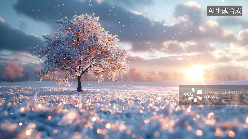 【AI数字艺术】超现实主义冬天冰雪中的盛开的梅花树图片素材