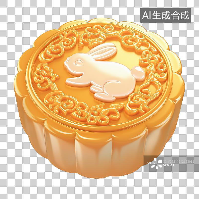 【AI数字艺术】兔子图案的金黄色月饼图片素材