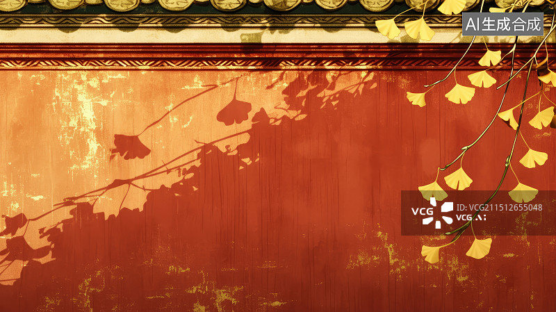 【AI数字艺术】红色的中国风围墙和银杏叶图片素材