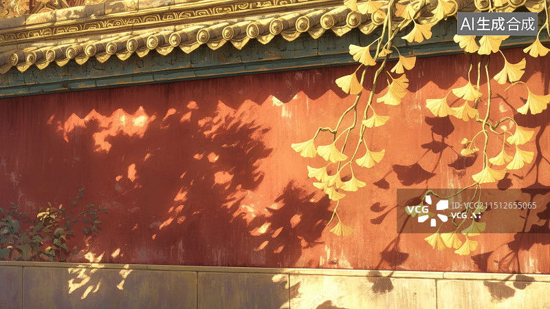 【AI数字艺术】红色的中国风围墙和银杏叶图片素材
