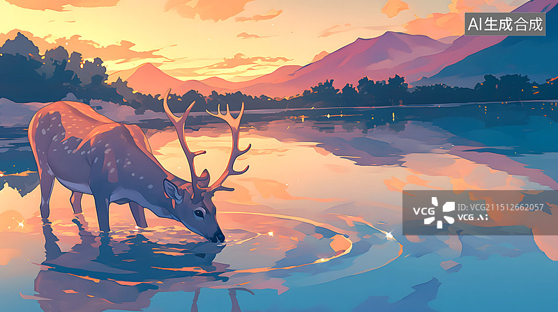 【AI数字艺术】平静的湖面喝水的小鹿图片素材