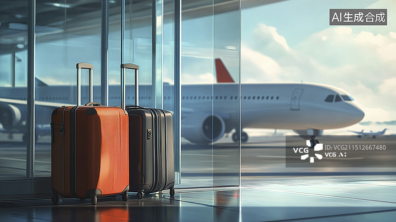 【AI数字艺术】机场航站楼行李箱和飞机图片素材