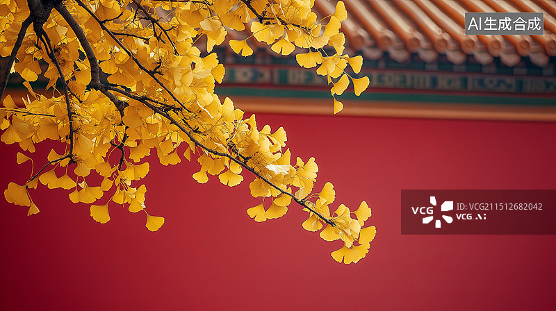 【AI数字艺术】红墙旁的银杏树叶子黄了图片素材