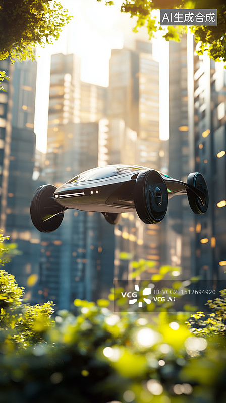 【AI数字艺术】未来生态城市建筑间飞行汽车3D科幻插画图片素材