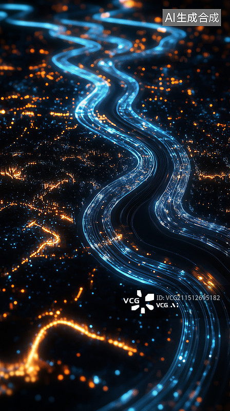 【AI数字艺术】航拍俯视夜晚彩色车流线的现代城市3D夜景图片素材