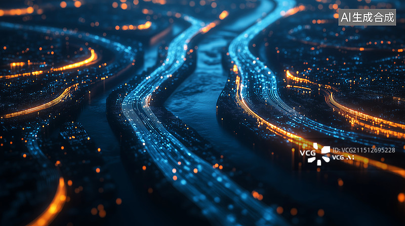 【AI数字艺术】航拍俯视夜晚彩色车流线的现代城市3D夜景图片素材