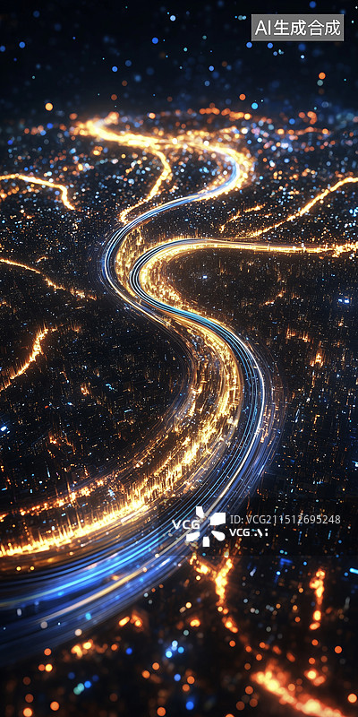 【AI数字艺术】航拍俯视夜晚彩色车流线的现代城市3D夜景图片素材