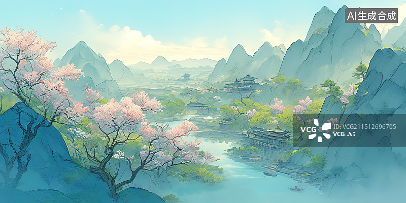 【AI数字艺术】桃花谷，桃花源记，春暖花开的山谷峡谷，人间仙境，站在山顶眺望远方视角图片素材