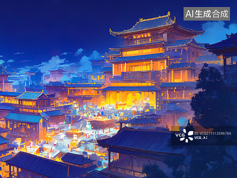 【AI数字艺术】夜晚的古建筑，空中楼阁，大唐不夜城插画图片素材