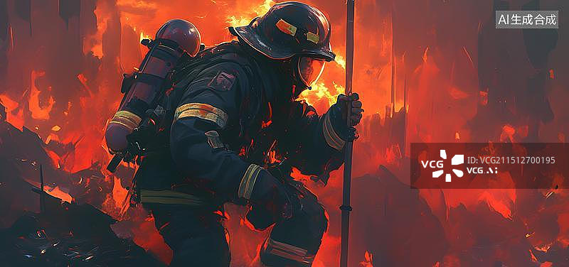 【AI数字艺术】消防宣传日，人物转身投入火灾抢救现场插图图片素材