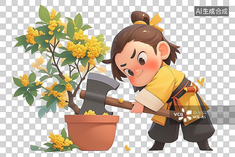 【AI数字艺术】3D吴刚与桂花树图片素材