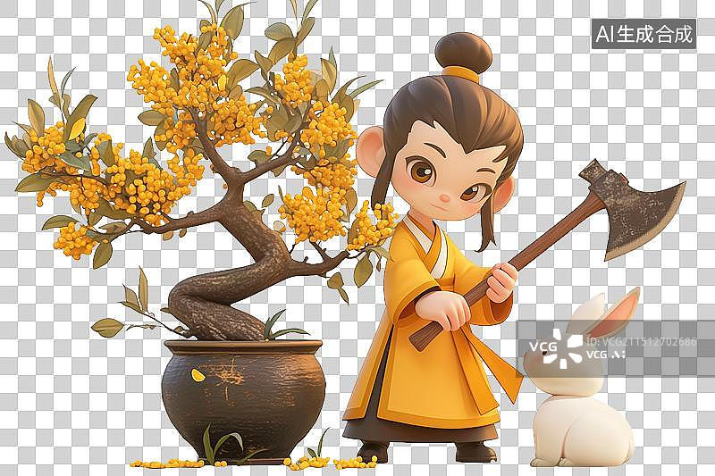 【AI数字艺术】3D吴刚与桂花树图片素材