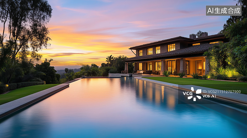 【AI数字艺术】奢华别墅的泳池景观图片素材