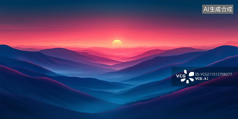 【AI数字艺术】夕阳映照群山景色图片素材