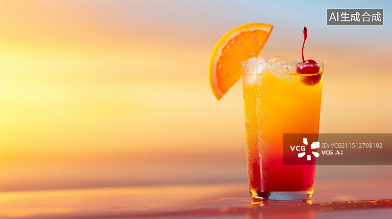 【AI数字艺术】日落时桌上饮料的特写镜头图片素材