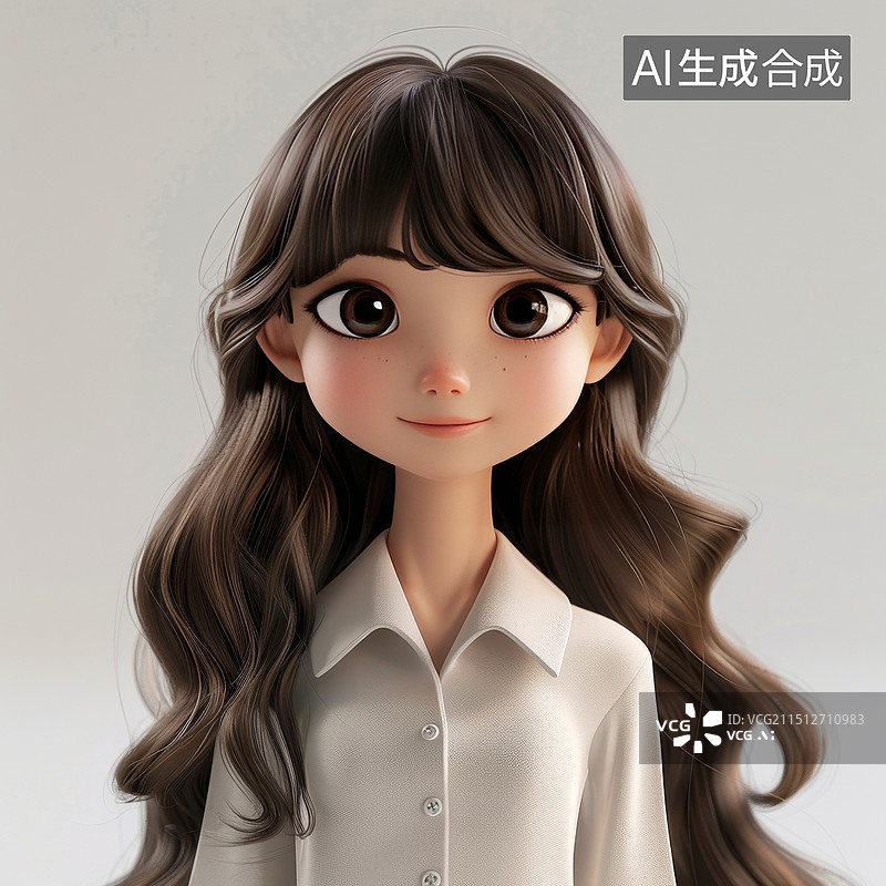 【AI数字艺术】一个可爱的卡通女孩，留着卷曲的银色长发图片素材