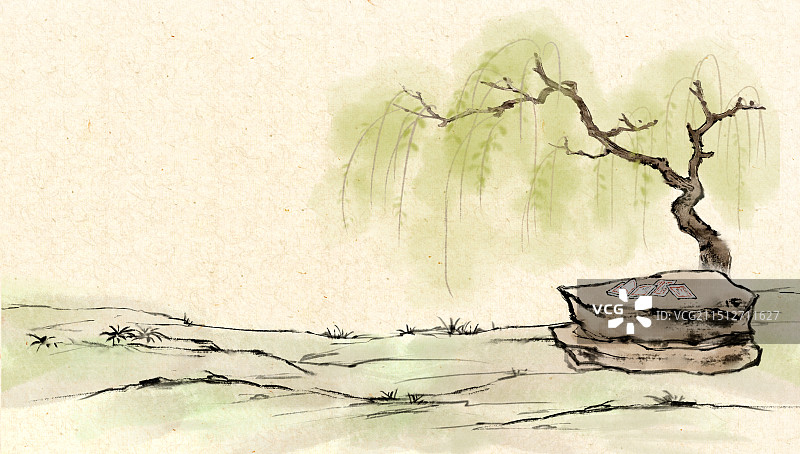 石头桌子和柳树—古风水墨国画背景插画图片素材