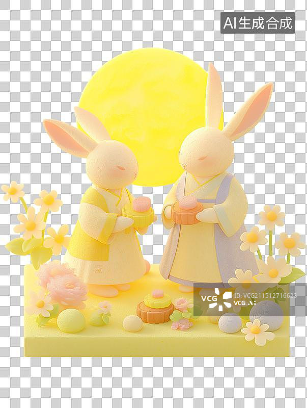 【AI数字艺术】中秋天兔子拿着月饼赏月周围是桂花和月亮 3d场景图片素材