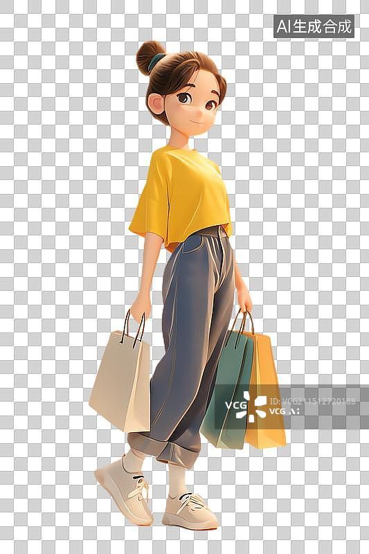 【AI数字艺术】3D拿着购物袋的女孩图片素材