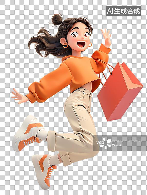 【AI数字艺术】3D拿着购物袋跳起来的女孩图片素材