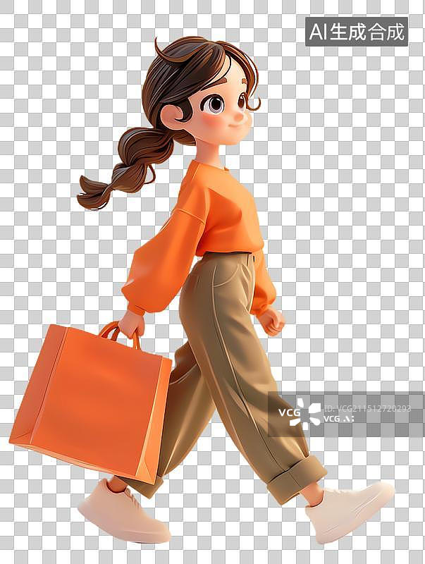 【AI数字艺术】3D拿着购物袋的女孩图片素材