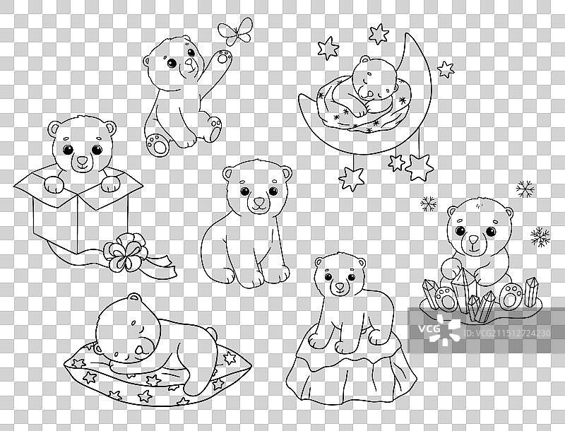 手绘卡通可爱线条小熊套装图片素材