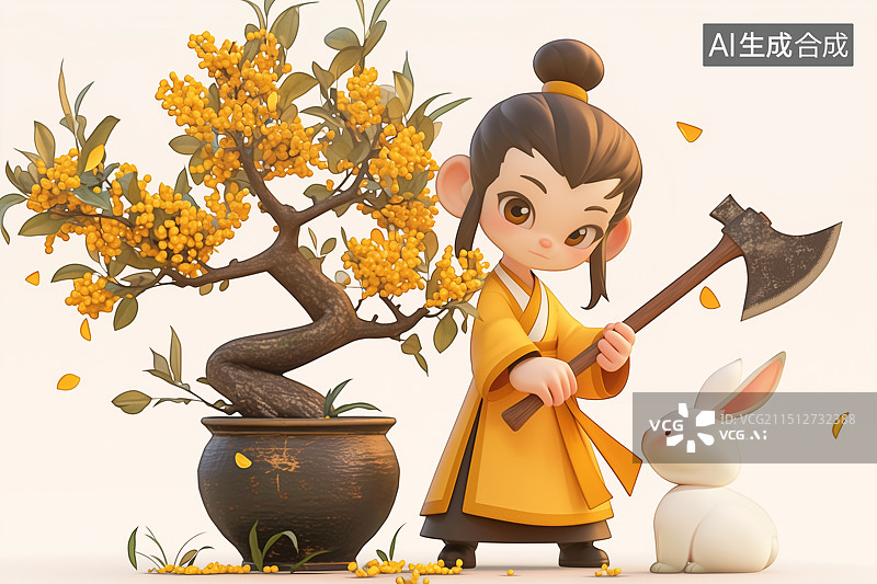 【AI数字艺术】3D吴刚与桂花树图片素材