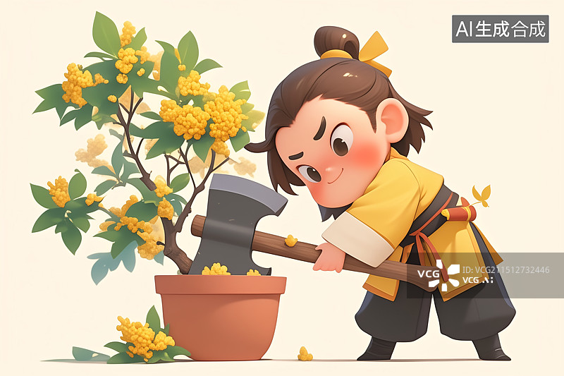 【AI数字艺术】3D吴刚与桂花树图片素材