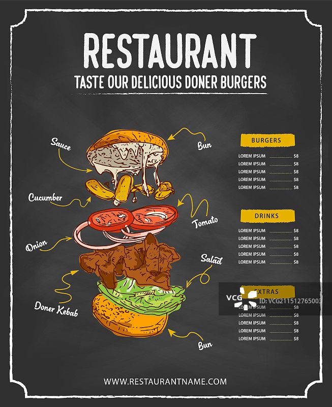 烤肉汉堡菜单手绘餐厅咖啡馆图片素材