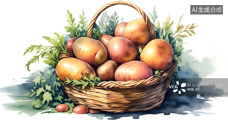 【AI数字艺术】水彩插画 手绘篮子里的新鲜土豆图片素材