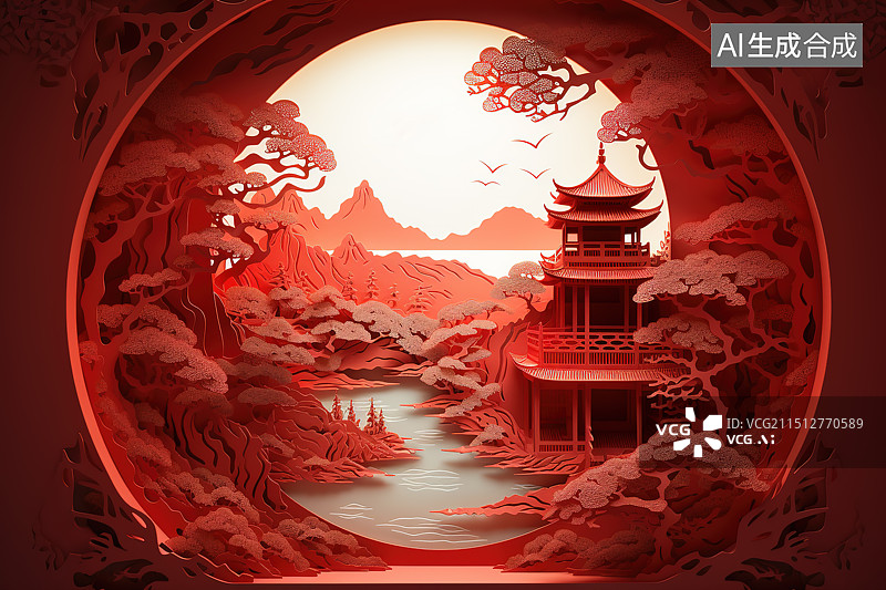 【AI数字艺术】剪纸风格红色背景下的中式传统建筑图片素材