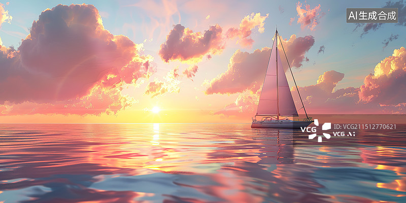 【AI数字艺术】航拍视角下日落晚霞大海中航行的一艘帆船图片素材