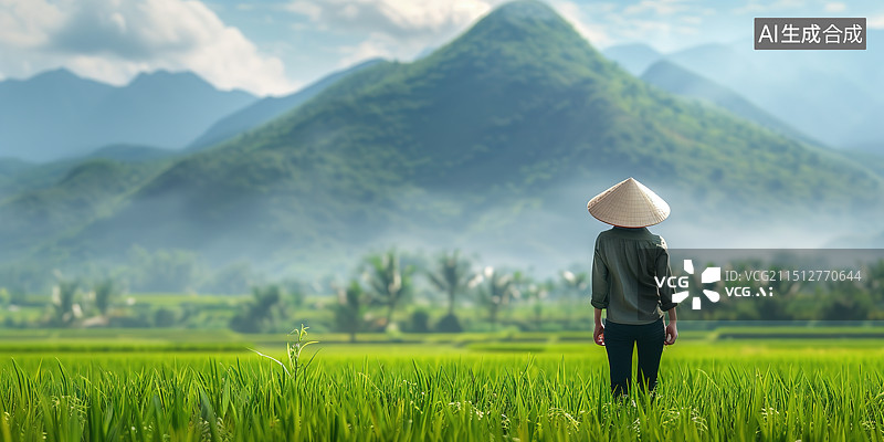 【AI数字艺术】站在农田里的女农民后视图图片素材