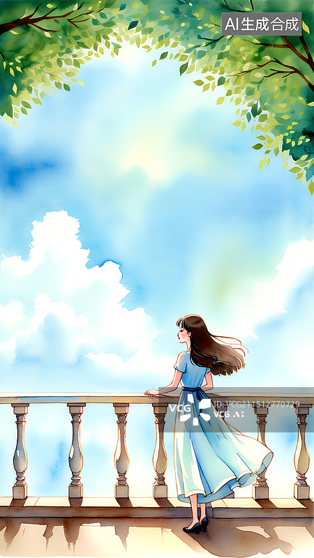 【AI数字艺术】水彩画风格，长裙女孩手扶栏杆看向远方图片素材
