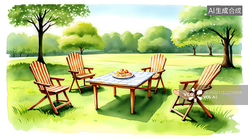 【AI数字艺术】水彩画风格，公园草地上野餐蛋卷桌，户外椅子图片素材