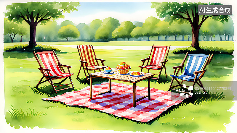 【AI数字艺术】水彩画风格，公园草地上野餐蛋卷桌，户外椅子图片素材