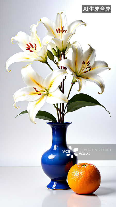 【AI数字艺术】青色花瓶,百合花，旁边有一个桔子，现实拍摄风格图片素材