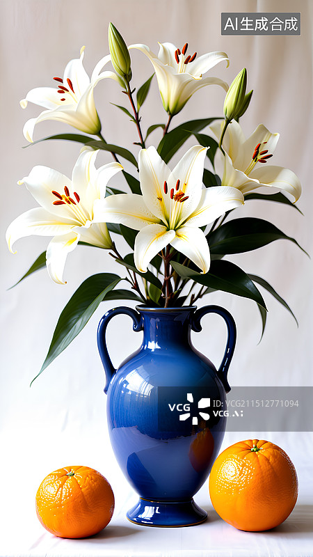 【AI数字艺术】青色花瓶,百合花，旁边有一个桔子，现实拍摄风格图片素材