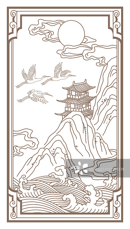传统边框内的山水仙鹤线条图案图片素材