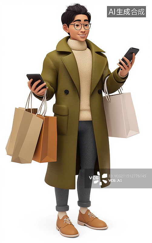 【AI数字艺术】男生拎着购物袋购买消费秋季购物人物插画元素图片素材