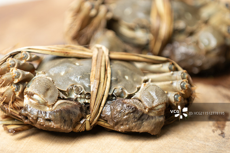 高视角砧板上鲜活的美味阳澄湖大闸蟹特写图片素材