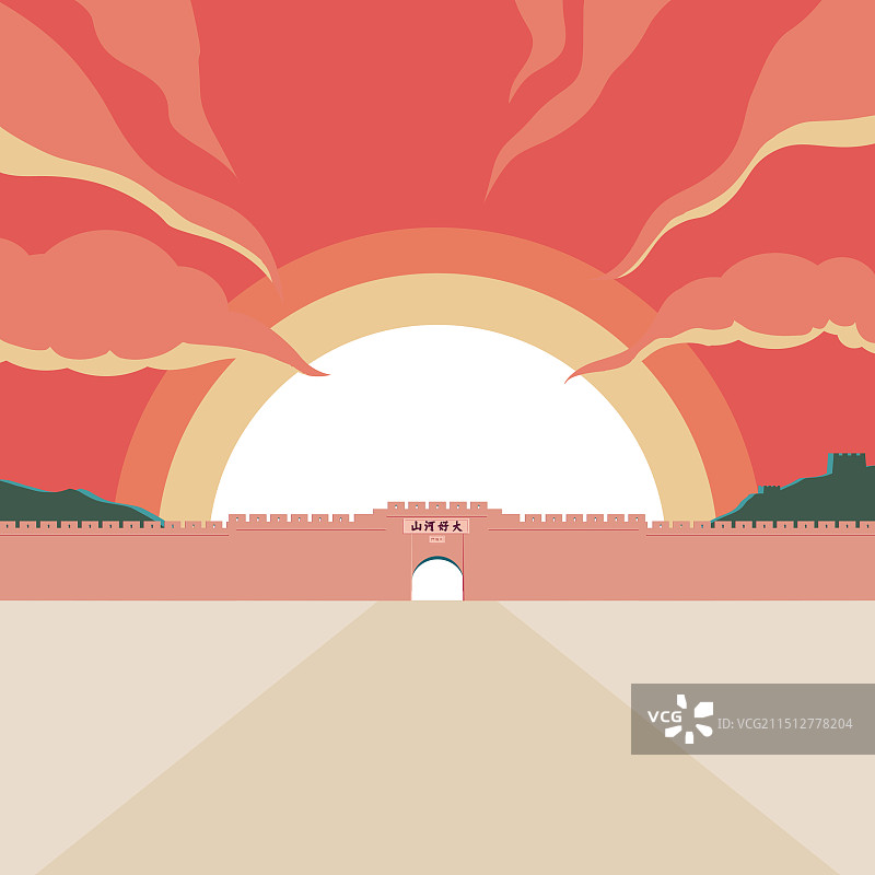 河北张家口地标建筑旅游景区景点大境门城楼城门城墙关插画日出日落红色天空JPG图图片素材