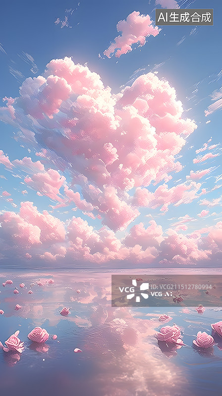【AI数字艺术】七夕情人节天空爱心心形云朵插画图片素材